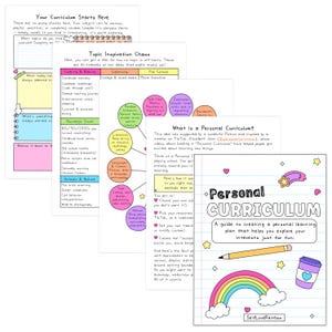 May include: A collection of colorful, handwritten worksheets and a notebook with the title "Personal Curriculum." The notebook features a rainbow, pencil, and coffee cup illustration. The worksheets cover topics like cooking, baking, and pop culture.