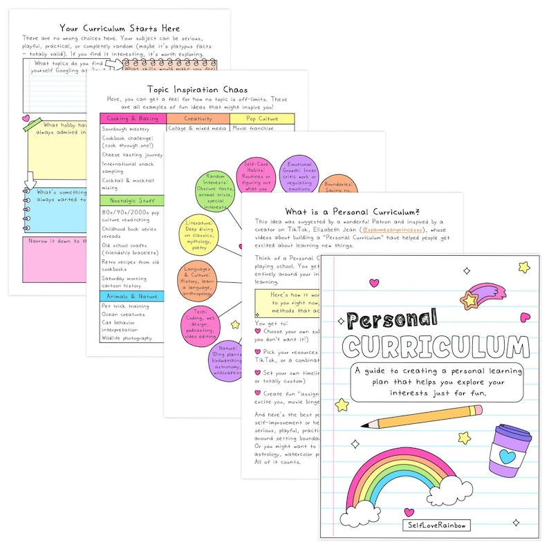 May include: A collection of colorful, handwritten worksheets and a notebook with the title "Personal Curriculum." The notebook features a rainbow, pencil, and coffee cup illustration. The worksheets cover topics like cooking, baking, and pop culture.