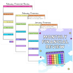 May include: A printable monthly financial review planner with a rainbow calendar and the text "MONTHLY FINANCIAL REVIEW".
