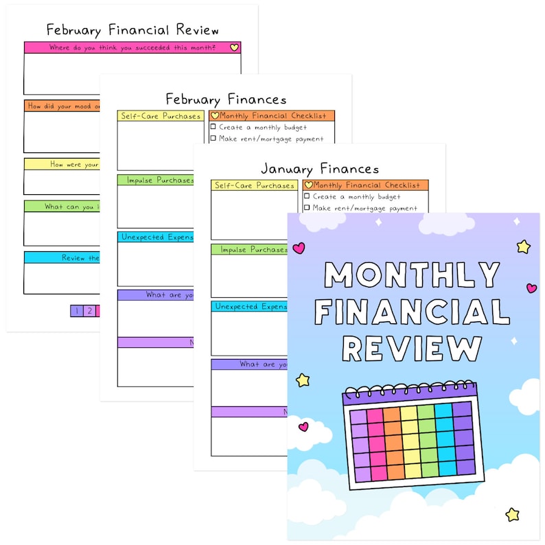 May include: A printable monthly financial review planner with a rainbow calendar and the text "MONTHLY FINANCIAL REVIEW".