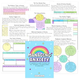 May include: A comprehensive guide to anxiety with tips, worksheets, journaling prompts, and coping skills. The cover features a rainbow design with the title "Managing Anxiety" in large, bold letters. The guide includes various charts and lists.