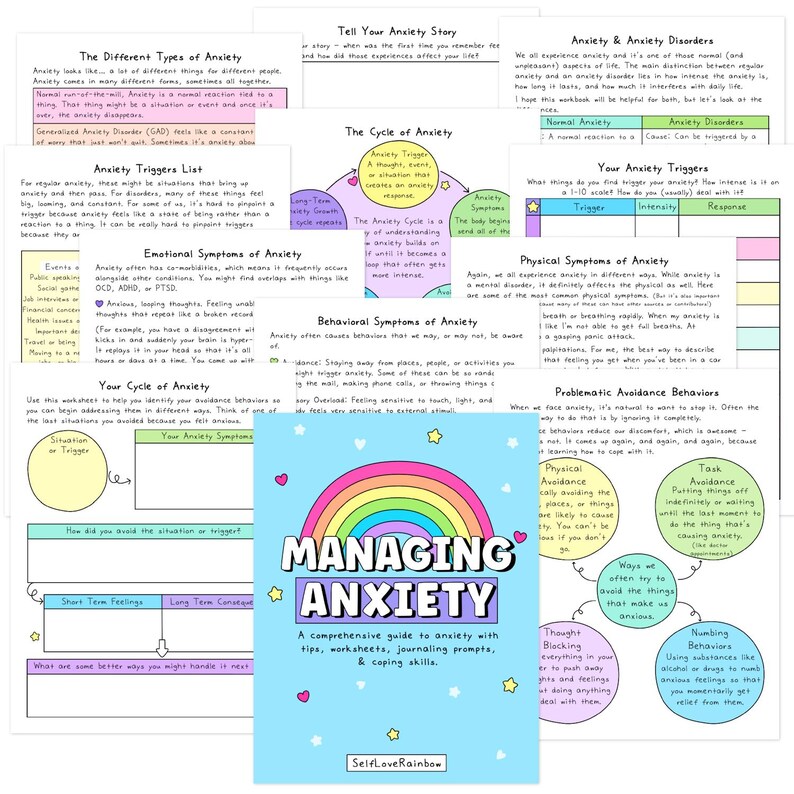 May include: A comprehensive guide to anxiety with tips, worksheets, journaling prompts, and coping skills. The cover features a rainbow design with the title "Managing Anxiety" in large, bold letters. The guide includes various charts and lists.