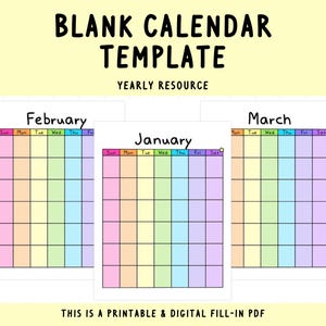 Leerer Kalender zum Ausdrucken | Monatliche leere Kalenderseite | Kalender blanko | Regenbogen Planer | Farbenfroher Kalender | Digital Fill-In | 12 Monate