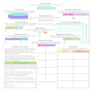 May include: A white and blue worksheet with sections titled "The Worry Jar," "Systems of Support," and "Changing Your Thoughts." The worksheet offers tips for managing anxiety, including "Random Anxiety Tips" and "Bravery Records."
