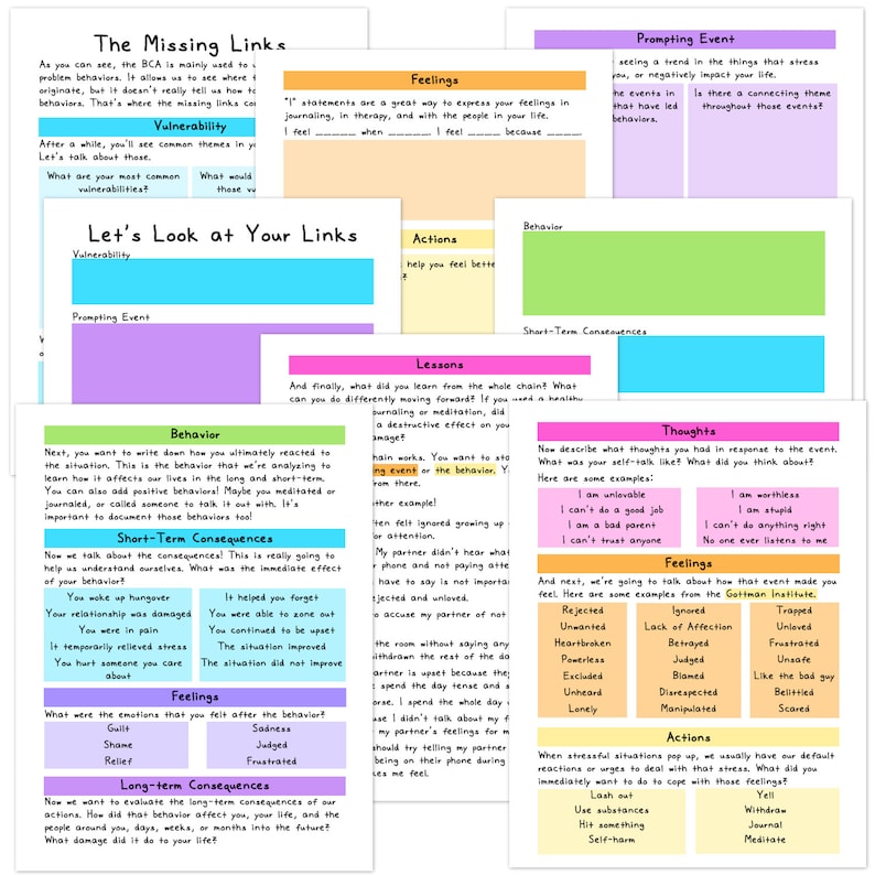 Pu&ograve; includere: Un foglio di lavoro colorato con il titolo "The Missing Links" e "Let's Look at Your Links." Il foglio di lavoro &egrave; diviso in sezioni con titoli come "Vulnerabilit&agrave;", "Sentimenti", "Azioni", "Lezioni", "Pensieri", "Sentimenti", "Azioni" e "Conseguenze a lungo termine". Il foglio di lavoro &egrave; progettato per aiutare le persone a comprendere la connessione tra i loro pensieri, sentimenti, comportamenti e conseguenze.