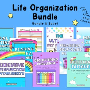 Puede incluir: Un conjunto de archivos PDF rellenables, imprimibles y digitales para la organización de la vida. Incluye un cuaderno de trabajo para establecer objetivos, un planificador de lectura, un plan de autocuidado financiero, un planificador de comidas, etc.