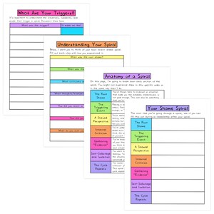 Pu&ograve; includere: Un insieme di fogli di lavoro con titoli come "Quali sono i tuoi trigger?" e "Comprendere la tua spirale". Le pagine presentano riquadri colorati e suggerimenti per l'autoriflessione, tra cui sezioni su vergogna, eventi scatenanti e prospettive distorte.