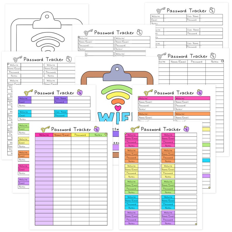 May include: A collection of colorful password tracker sheets with a clipboard design. Each sheet has sections for website, email, password, and notes. The sheets are in various colors, including pink, purple, and yellow, with a WiFi symbol.