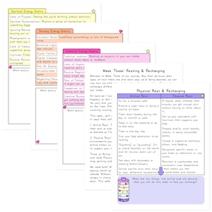 May include: A colorful, handwritten planner page with sections on energy drains and recharging. The page includes lists on spiritual, sensory, and creative energy drains, and advice on active and passive rest. The text includes the phrase "Week Three: Resting & Recharging."