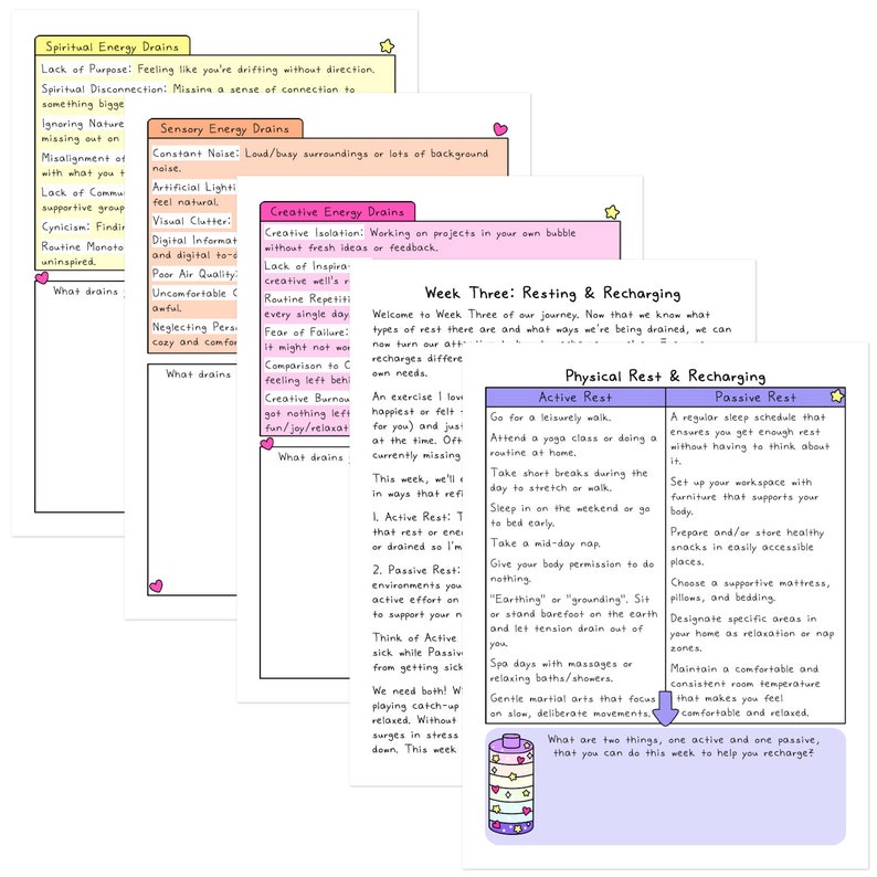 May include: A colorful, handwritten planner page with sections on energy drains and recharging. The page includes lists on spiritual, sensory, and creative energy drains, and advice on active and passive rest. The text includes the phrase "Week Three: Resting & Recharging."