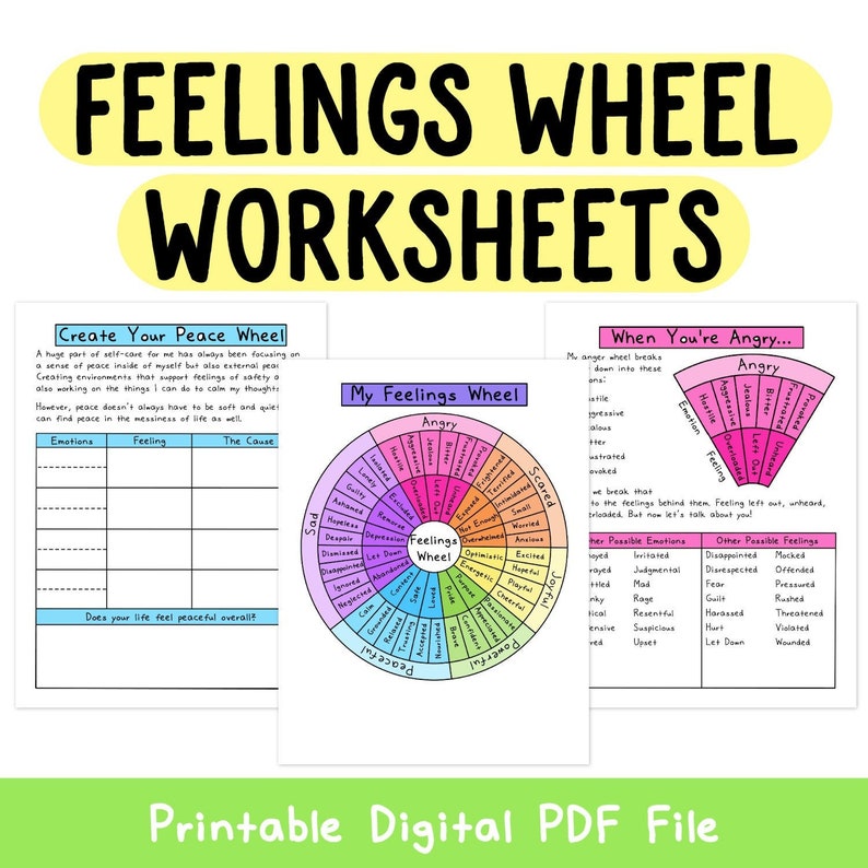Feelings Wheel Emotion Wheels Mental Health Worksheet Etsy