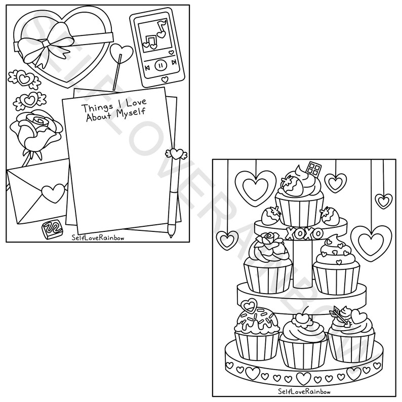 May include: Black and white line art illustration with Valentine's Day themes. Depicts a heart-shaped box, music player, notepad with "Things I Love About Myself", cupcakes, and hanging hearts. The image is labelled "SelfLoveRainbow".