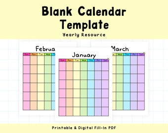 Rainbow Blank Calendar Printable: Fill-In Monthly Planner (Digital Download)