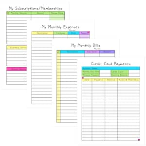 May include: Four printable budget tracker sheets with colorful borders. The sheets are titled "My Subscriptions/Memberships", "My Monthly Expenses", "My Monthly Bills", and "Credit Card Payments". Each sheet has columns for tracking different financial information.