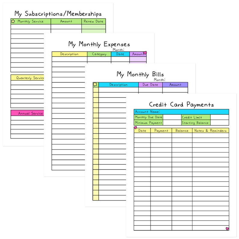 May include: Four printable budget tracker sheets with colorful borders. The sheets are titled "My Subscriptions/Memberships", "My Monthly Expenses", "My Monthly Bills", and "Credit Card Payments". Each sheet has columns for tracking different financial information.