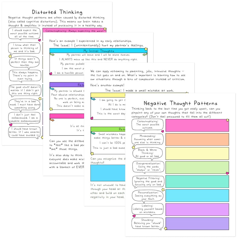 May include: A set of educational worksheets titled Distorted Thinking and Negative Thought Patterns. The pages feature black text on white paper with colorful rectangular boxes, speech bubbles, and small star icons for identifying cognitive distortions.