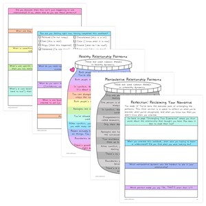 May include: A set of four workbooks with handwritten text and illustrations. The workbooks cover topics like healthy and manipulative relationship patterns, and reclaiming your narrative. The pages are white with colorful accents.