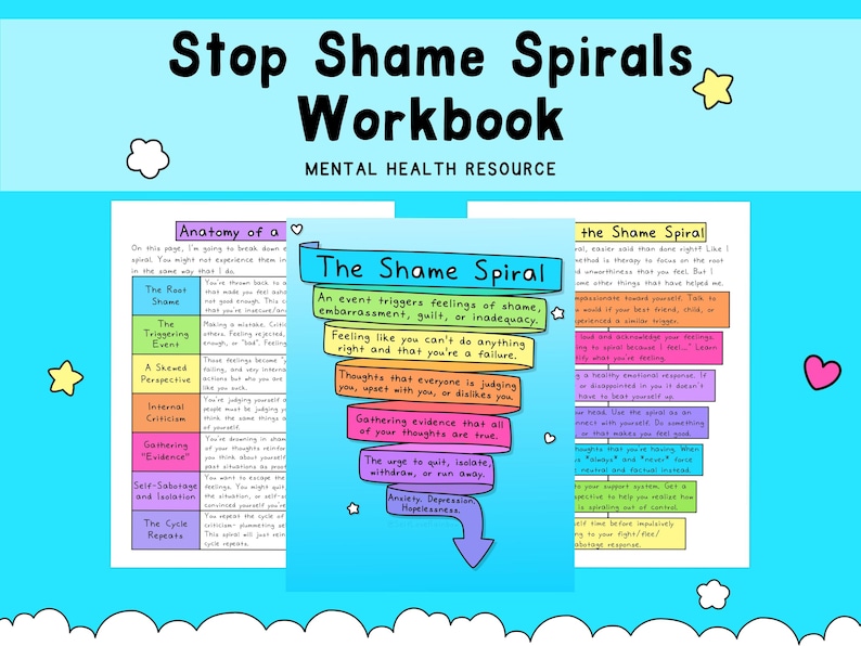 Pu&ograve; includere: Un quaderno di lavoro intitolato "Stop Shame Spirals" con il testo "Mental Health Resource" su sfondo azzurro. Le pagine del quaderno presentano sezioni colorate che descrivono le spirali della vergogna, tra cui "The Shame Spiral".
