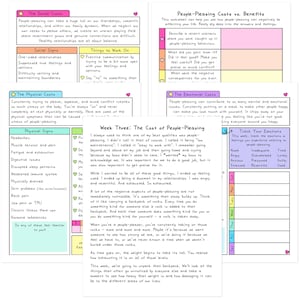 May include: A printable worksheet with a pink, yellow, and blue design. The worksheet is titled "People-Pleasing Costs vs. Benefits" and includes sections on social costs, physical costs, emotional costs, and a section titled "Week Three: The Cost of People-Pleasing". The worksheet also includes a section titled "Track Your Emotions" with a chart to track emotions related to people-pleasing.
