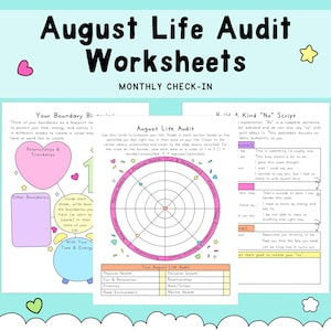 May include: A set of August Life Audit Worksheets featuring a monthly check-in, a boundary blueprint page with pink and purple shapes, a circular life audit chart with a pink border, and a script page for setting boundaries with text and boxes.