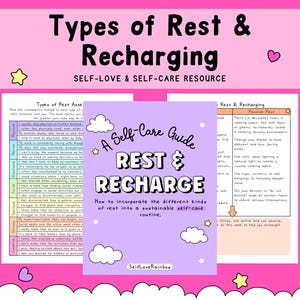 Op de afbeelding: Een roze en witte zelfzorgbron met de titel "Types of Rest & Recharging". De gids bevat een lijst met rusttypen en een sectie over het integreren van rust in een zelfzorgroutine. De tekst "Self-Love & Self-Care Resource" is ook zichtbaar.