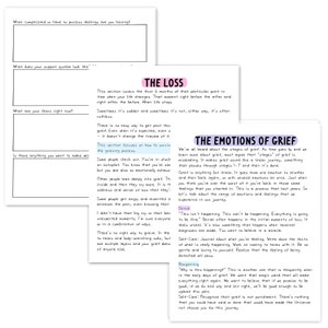 May include: A printable worksheet with a colorful design and text about the stages of grief. The worksheet includes questions about feelings, support systems, and fears. The text includes the words "The Loss" and "The Emotions of Grief".