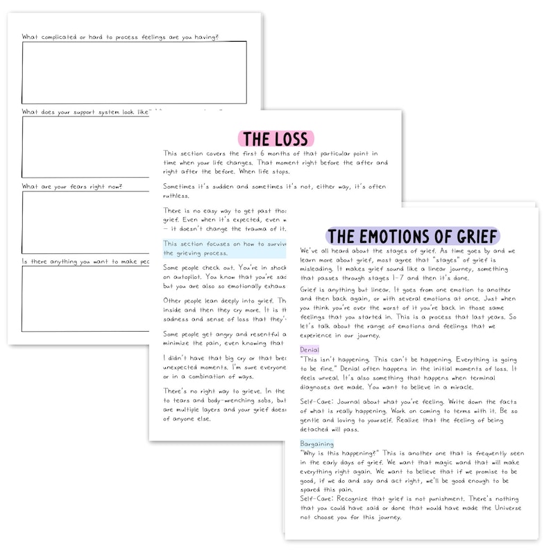 May include: A printable worksheet with a colorful design and text about the stages of grief. The worksheet includes questions about feelings, support systems, and fears. The text includes the words "The Loss" and "The Emotions of Grief".