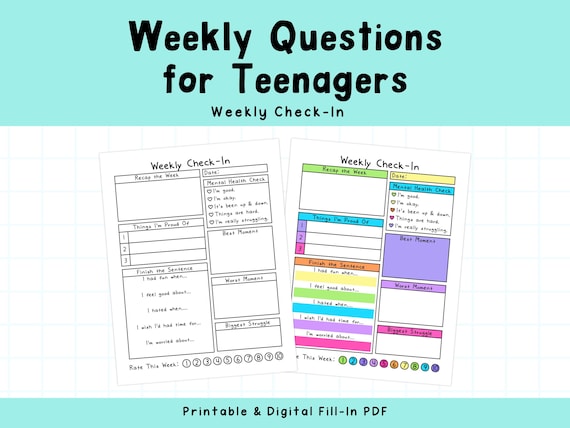 Teen Mental Health Weekly Check-In: Journaling Worksheet (Digital Download)