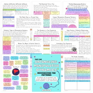 May include: A workbook titled "Untangling Manipulative Dynamics" with the text "Recognizing the Patterns." The cover is light blue with a yarn ball illustration and star accents. Inside are worksheets and prompts to identify harmful relationship dynamics.