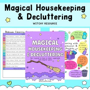 May include: A digital resource titled Magical Housekeeping & Decluttering featuring a purple cover with a broom illustration, a bedroom cleaning checklist, and a colourful infographic with cleaning tips for managing depression and anxiety.