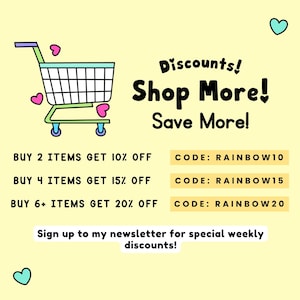 May include: A light yellow promotional graphic with a shopping cart illustration and hearts. Text reads "Discounts! Shop More! Save More!" with details of discounts for multiple purchases. There is also a call to sign up for a newsletter for special weekly discounts.