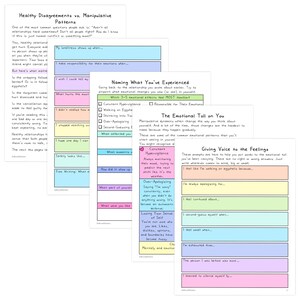 May include: A collection of colorful, handwritten worksheets with text about healthy disagreements, manipulative patterns, and emotional well-being. The pages include prompts for self-reflection and identifying emotional responses.