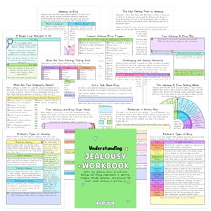 May include: A collection of printed workbook pages titled Understanding Jealousy Workbook, featuring various charts, checklists, and reflection prompts with pastel-colored borders, text-heavy layouts, and a central green cover page.