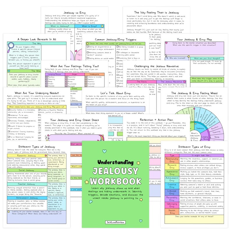 May include: A collection of printed workbook pages titled Understanding Jealousy Workbook, featuring various charts, checklists, and reflection prompts with pastel-colored borders, text-heavy layouts, and a central green cover page.