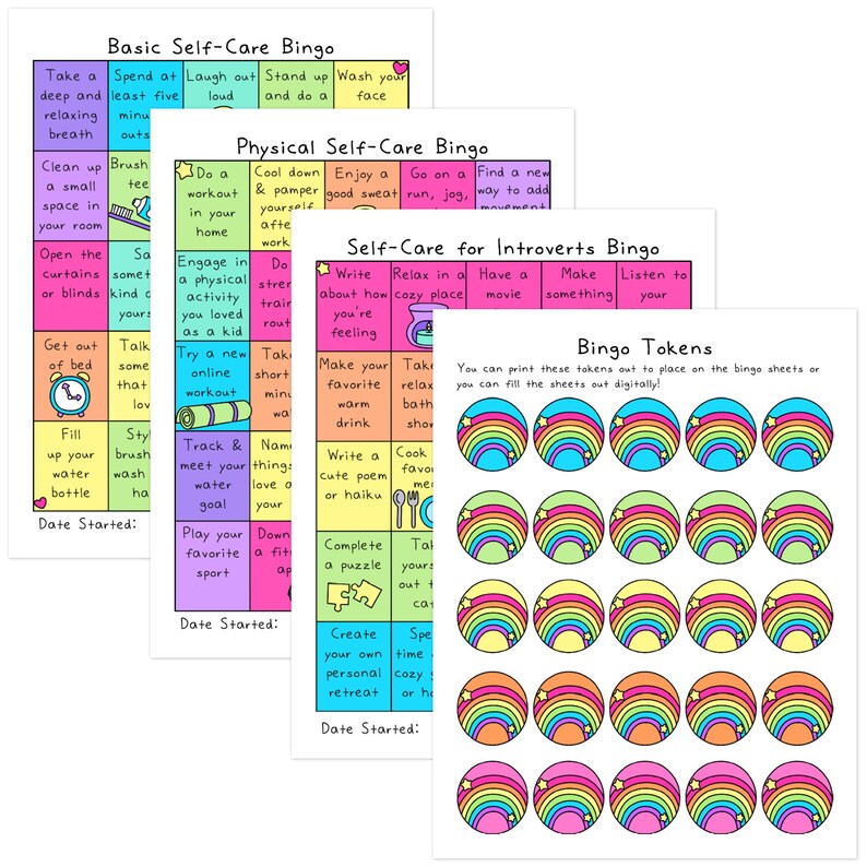 K&ouml;nnte beinhalten: Drei bunte Bingokarten mit Regenbogen-Markern. Die Karten sind mit "Basic Self-Care Bingo", "Physical Self-Care Bingo" und "Self-Care for Introverts Bingo" betitelt. Jede Karte hat ein 5x5-Raster mit Selbstpflege-Aktivit&auml;ten, die zu erledigen sind. Die Bingomarker sind regenbogenfarbene Kreise mit einem Stern in der Mitte.