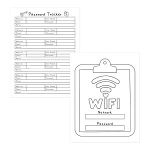 May include: Two white sheets of paper with black outlines. One sheet is a password tracker with fields for website, email, and notes. The other sheet has a WiFi symbol and the word WIFI, with fields for network and password.
