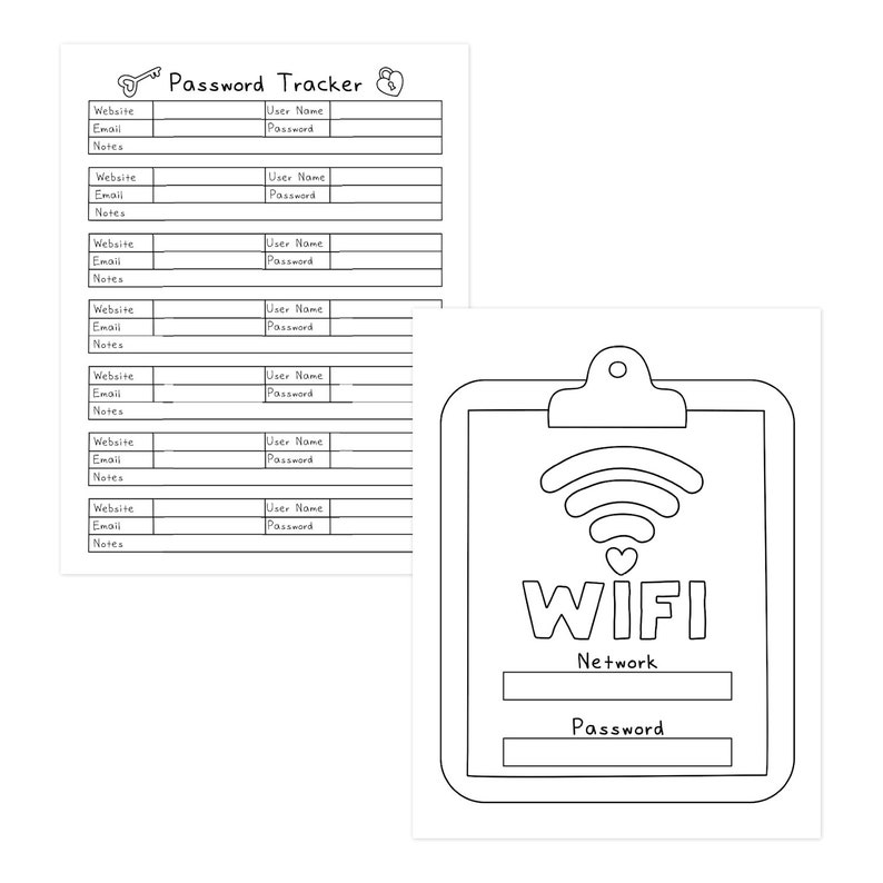 May include: Two white sheets of paper with black outlines. One sheet is a password tracker with fields for website, email, and notes. The other sheet has a WiFi symbol and the word WIFI, with fields for network and password.