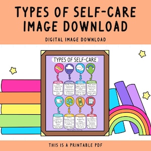 May include: Printable chart with a purple background and a brown frame. The chart is titled "Types of Self-Care" and lists different types of self-care, including physical, emotional, social, and spiritual. Each category has a list of examples, such as "Sleep, Stretching, Exercise, Walking, Healthy Food, Yoga, and Rest" for physical self-care.