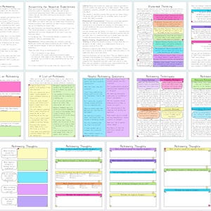 May include: A collection of seventeen digital worksheets titled Learning How To Reframe Your Thoughts, featuring colorful charts, text-based educational content, and blank writing prompts designed for cognitive behavioral exercises and mental health.