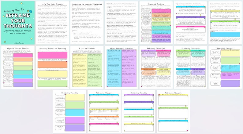 May include: A collection of seventeen digital worksheets titled Learning How To Reframe Your Thoughts, featuring colorful charts, text-based educational content, and blank writing prompts designed for cognitive behavioral exercises and mental health.