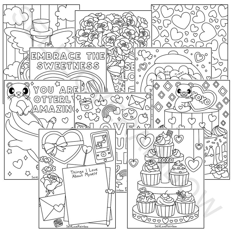 May include: A selection of black and white coloring pages with diverse designs. The pages showcase illustrations of otters, cupcakes, hearts, roses, and the text "EMBRACE THE SWEETNESS" and "YOU ARE OTTERLY AMAZING".