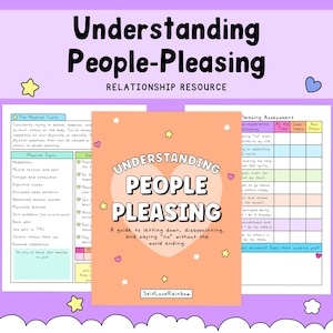 Puede incluir: Un documento de color melocotón titulado Understanding People Pleasing con un gráfico de corazón, rodeado de dos hojas informativas con tablas y listas sobre costes físicos y evaluaciones, decorado con pequeñas estrellas amarillas y rosas.