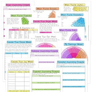 May include: A set of printable worksheets with prompts for journaling about emotions, including anger, fear, joy, and sadness. The pages feature colourful headings and diagrams, such as emotion wheels.