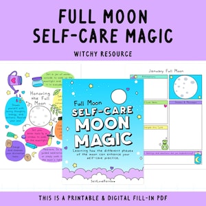 Könnte beinhalten: Ein druckbares und digitales Vollmond-Selbstpflege-Magie-Tagebuch mit einem blauen Cover, das einen weißen Mond und Sterne zeigt. Das Tagebuch enthält Aufforderungen für Affirmationen, Liebesleben, Träume und Botschaften, veränderten Zyklus und Einstellungen und Routinen, die du erlebst. Der Text auf dem Cover lautet "Full Moon Self-Care Moon Magic" und "Lernen, wie die verschiedenen Mondphasen deine Selbstpflege-Praxis verbessern können."