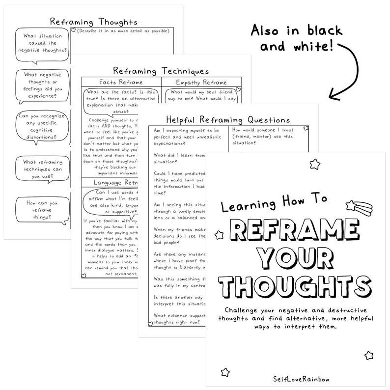 May include: A set of four white worksheets with black text and line art. The pages are titled Reframing Thoughts, Reframing Techniques, Helpful Reframing Questions, and Learning How To REFRAME YOUR THOUGHTS. Includes speech bubbles and star icons.