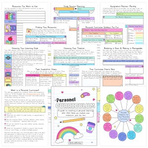 May include: A collection of colorful, hand-drawn pages with text and illustrations. The pages include titles like "Personal Curriculum" and "Resources You Want to Use." A rainbow, pencil, and coffee cup are also featured.