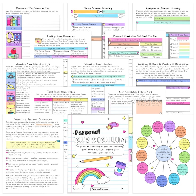 May include: A collection of colorful, hand-drawn pages with text and illustrations. The pages include titles like "Personal Curriculum" and "Resources You Want to Use." A rainbow, pencil, and coffee cup are also featured.