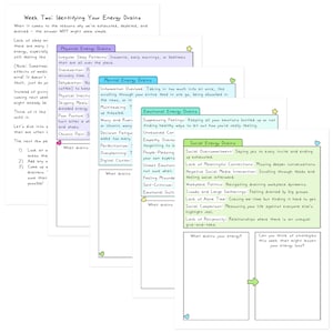 May include: A colorful infographic titled "Week Two: Identifying Your Energy Drains." It lists physical, mental, emotional, and social energy drains, such as irregular sleep patterns, information overload, suppressing feelings, and social overcommitment.