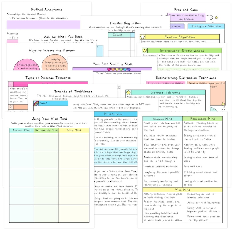 May include: A collection of colorful, handwritten notes on various mental health topics, including emotion regulation, mindfulness, and distress tolerance. The notes are on white paper with colorful highlights and diagrams.
