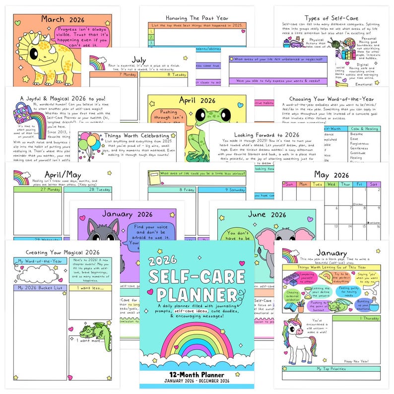 May include: A colorful 2026 Self-Care Planner with a rainbow design. The planner includes prompts, doodles, and encouraging messages. Monthly pages feature cute illustrations of animals and inspirational quotes. The planner covers January to December.